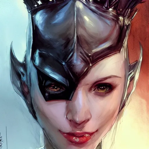 Image similar to batman as an attractive young smiling woman wearing a mushroom crown and heavy armoured wedding dress, face portrait, hd shot, digital portrait, beautiful, fantasy art, artstation, comic style, by artgerm, guy denning, jakub rozalski, magali villeneuve and charlie bowater