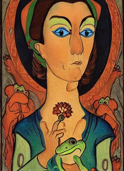 Image similar to portrait of a woman holding a frog ; pretty face ; scary slavic tale ; ivan bilibin style ; 8 k ; sharp focus