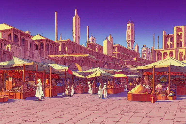 Image similar to cel-shaded study of a marketplace in a desert city with late renaissance buildings in the background, key visual with intricate linework, in the style of moebius, ayami kojima, 90's anime, retro fantasy