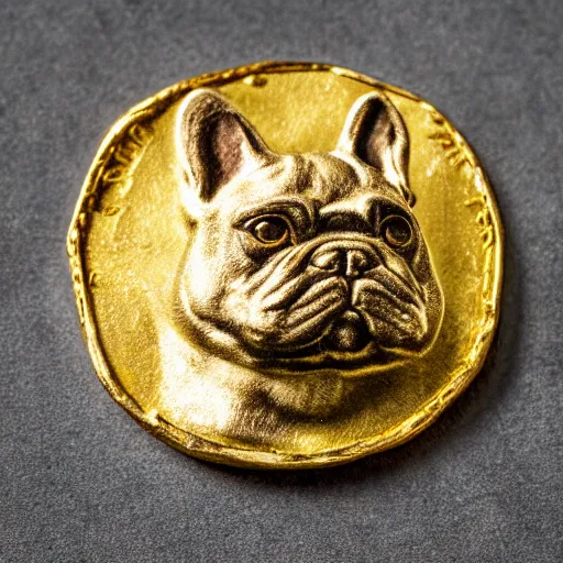 Image similar to an ancient roman gold coin with the face of a french bulldog, close up photo, ultra realistic, studio photo, bokeh.