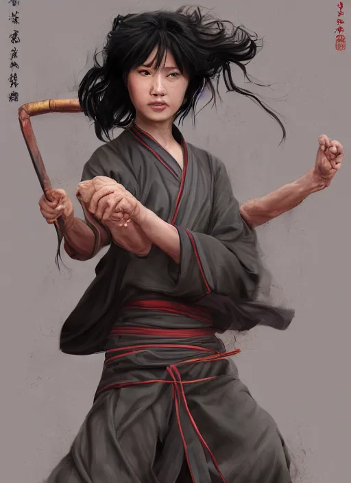 Image similar to portrait of a female drunken master monk exercising by wlop, wuxia, xianxia, drunken boxing, drunken master, weathered dark skin, athletic, playful, beautiful, fully clothed, monk's robe, detailed, realistic, anatomically accurate, fantasy illustration, artstation, wlop, hi - res, 4 k.