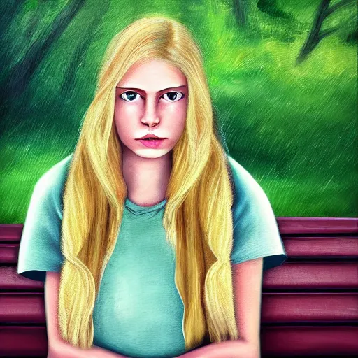 Prompt: portrait digital painting of a young woman with long blond hair sitting on a green bench with her head in her hands, digital art, deviant art