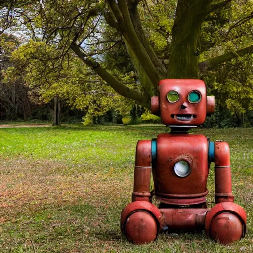 Image similar to rusty robot sitting by a tree, auction catalogue photo