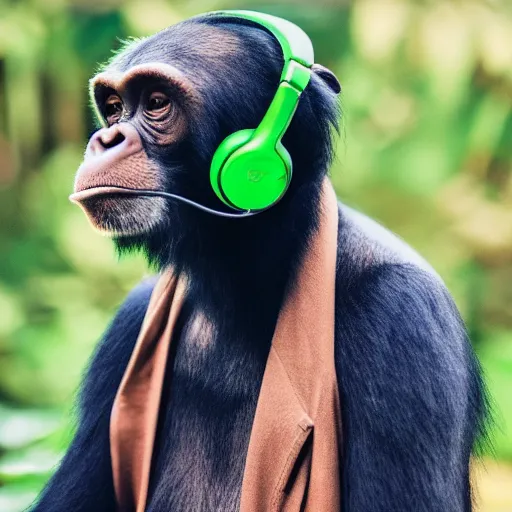 Image similar to a photo of a green chimp wearing headphones