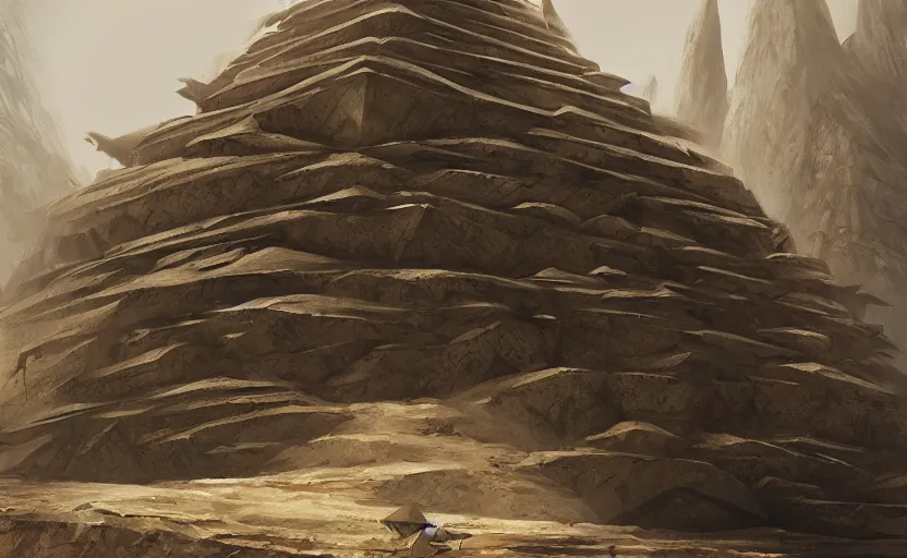 Prompt: ziggurat frontview, sandstorm, high rocks, highly detailed, digital painting, angular architecture, artstation, concept art, sharp focus, illustration, aleksi briclot