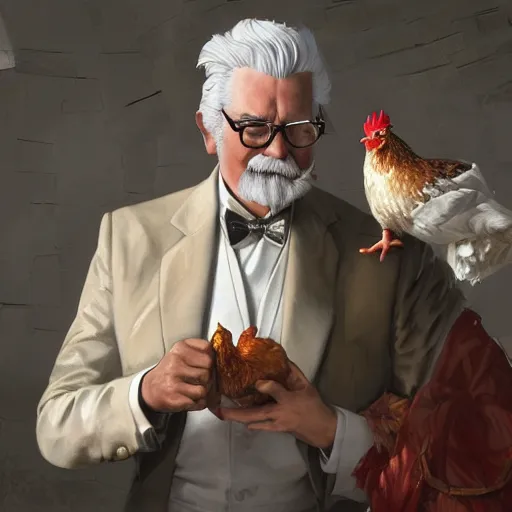 Image similar to closeup of Colonel Sanders petting a a chicken, modern setting, intricate, elegant, highly detailed, digital painting, artstation, concept art, matte, sharp focus, illustration, hearthstone, art by Artgerm and Greg Rutkowski and Alphonse Mucha