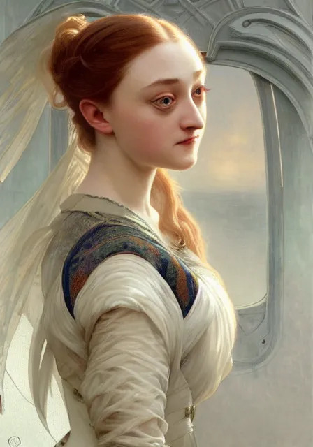 Image similar to sansa dakota fanning, intricate, elegant, highly detailed, digital painting, artstation, concept art, smooth, sharp focus, illustration, art by artgerm and greg rutkowski and alphonse mucha and william - adolphe bouguereau