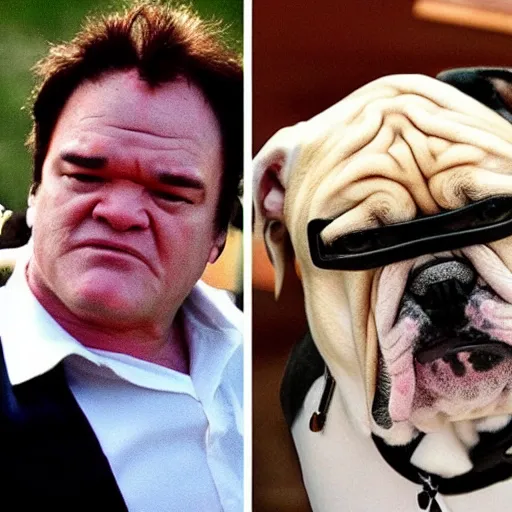 Prompt: a bulldog that looks exactly like quentin tarantino