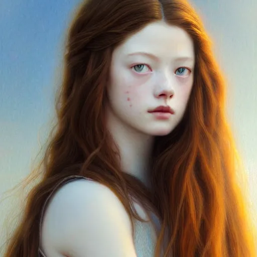 Image similar to beautiful striking Pre-Raphaelite Mackenzie Foy by Artgerm and Greg Rutkowski, intricate, elegant, highly detailed, digital painting, pale