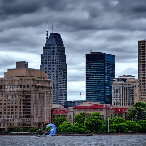 Image similar to madison wisconsin capital attacked by godzilla ( eos 5 ds r, iso 1 0 0, f / 8, 1 / 1 2 5, 8 4 mm, postprocessed, bokeh )