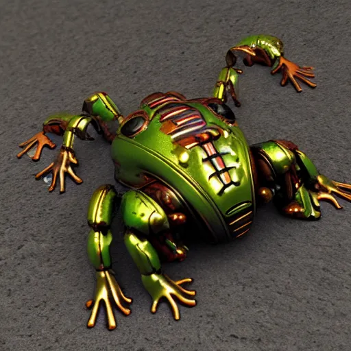 Image similar to end times paradox rust metallic beetle robot frog, photorealistic, 8 k, ultra detailed, all colors, many lines.