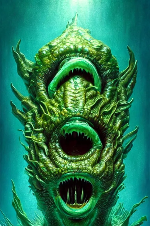 Image similar to hyperrealistic close-up surrealism underwater creature monster!! highly detailed concept art eric zener elson peter cinematic hard green lighting high angle hd 8k sharp shallow depth of field, inspired by David Paul Cronenberg and Zdzisław Beksiński