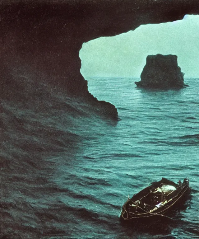 Prompt: color photo of a 1 9 2 5 seiner sailing with the jamaican shoreline with the mouth of a sea cave at the waterline, dark, brooding, atmospheric, seascape, lovecraft, horror, smooth, epic, highly detailed, cinematic, annie lebowitz