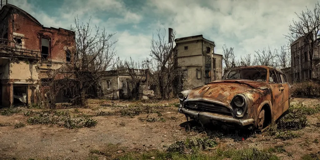 Prompt: low wide angle shot of dilapidated fallout 5 europa, retro futuristic overgrown euro rural town, desolate, dilapidated houses, few rusted retro futuristic vintage parked vehicles like cars, volumetric lighting, photorealistic, daytime, spring, clear weather, sharp focus, ultra detailed, 3 5 0 0 k