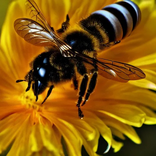 Prompt: a closeup photo of a cyberpunk bee on a flower