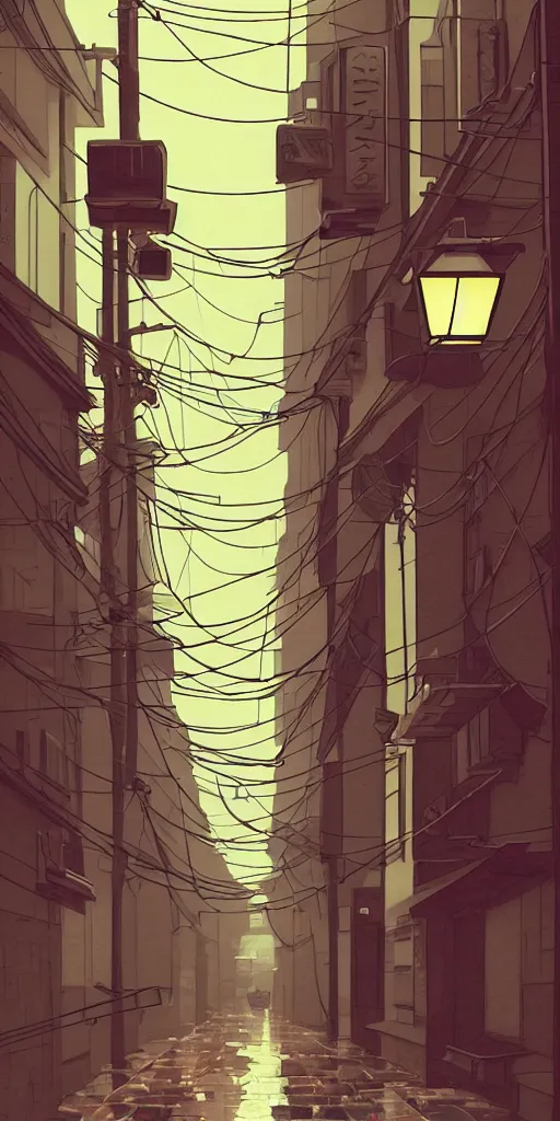 Prompt: tokyo alleyway, rainy day, lights, ( ( ( cables ) ) ) by cory loftis, makoto shinkai, hasui kawase, james gilleard, beautiful, serene, peaceful, lonely, golden curve composition