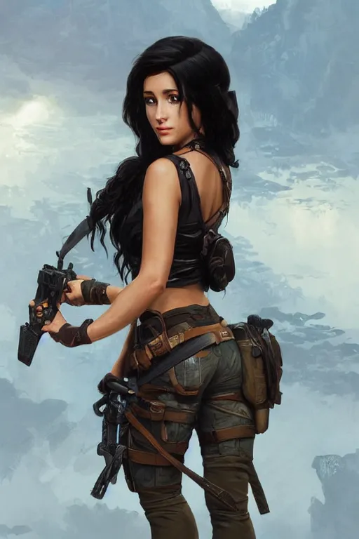 Image similar to beautiful cottagecore Ariana Grande as laura croft, Black Hair, tomb raider, intricate, elegant, highly detailed, digital painting, artstation, concept art, smooth, sharp, focus, illustration, art by artgerm and greg rutkowski and alphonse mucha