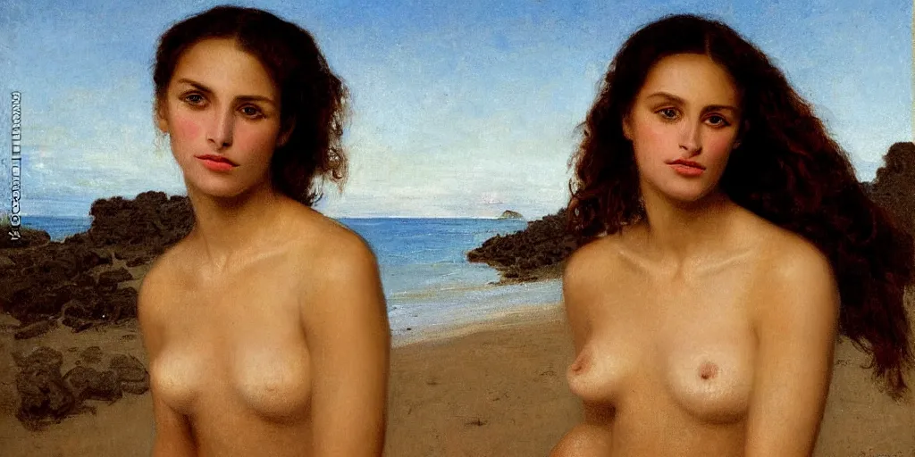 Image similar to portrait of French female model Myrtille Revemont on the beach in Moorea, ((on a breezy afternoon)), at the sunset, very detailed, smooth, art by William Buguereau