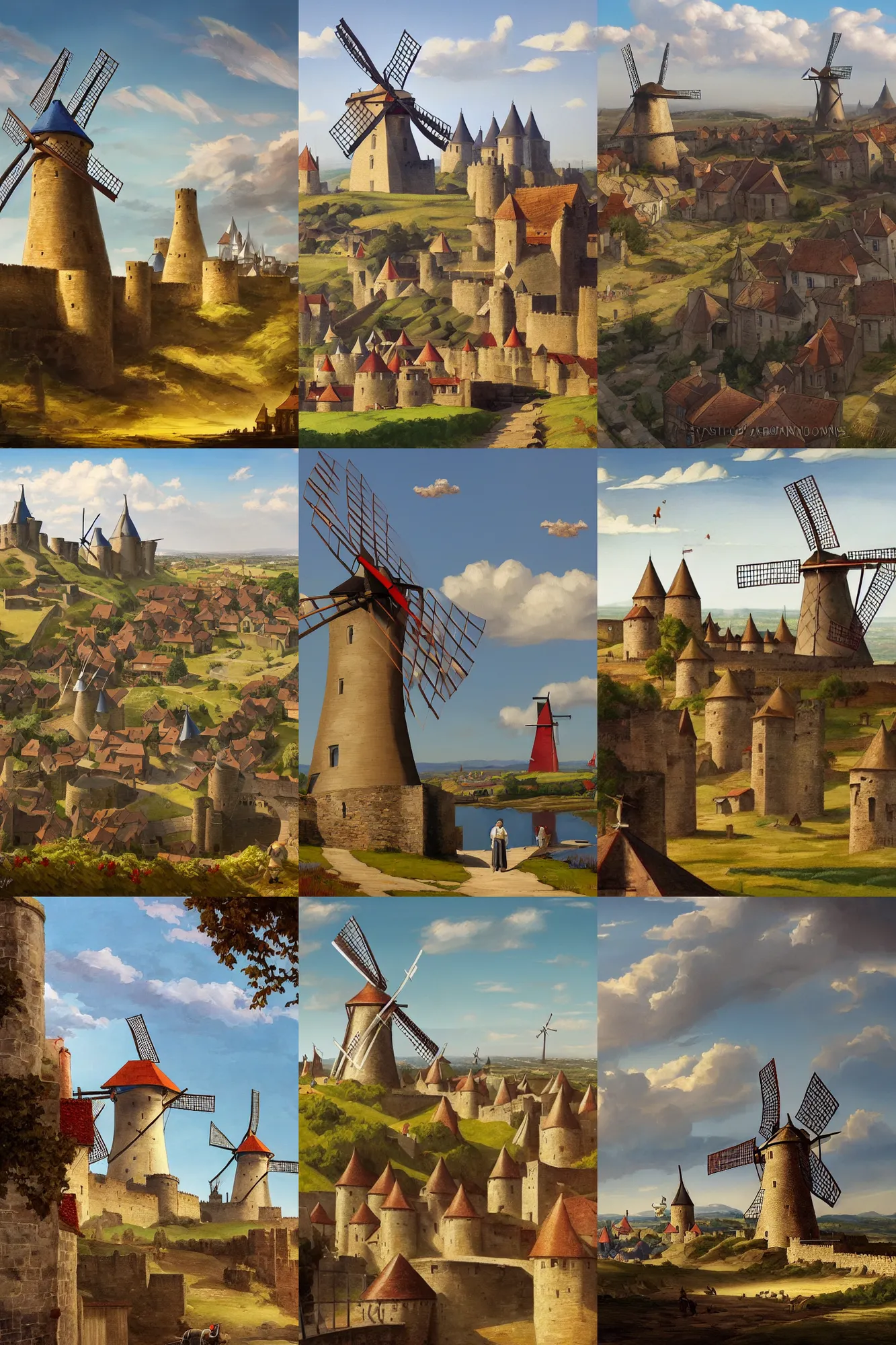 Prompt: windmill, four sails on a windmill, medieval french landscape, carcassonne, city of carcassonne in the background, by stanley artgerm lau, wlop, rossdraws, frank frazetta, andrei riabovitchev, marc simonetti, tranding on artstation