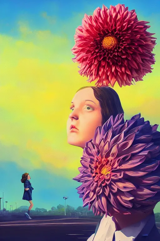 Image similar to closeup giant dahlia flower head, girl in a suit on a street, surreal photography, blue sky, sunrise, dramatic light, impressionist painting, digital painting, artstation, simon stalenhag