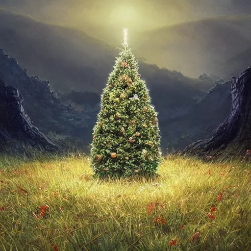 Prompt: “a christmas tree in the middle of a grassy field, surrounded by mountains, summer, D&D, fantasy, intricate, cinematic lighting, highly detailed, digital painting, artstation, concept art, smooth, sharp focus, illustration, art by Artgerm and Greg Rutkowski and Alphonse Mucha”