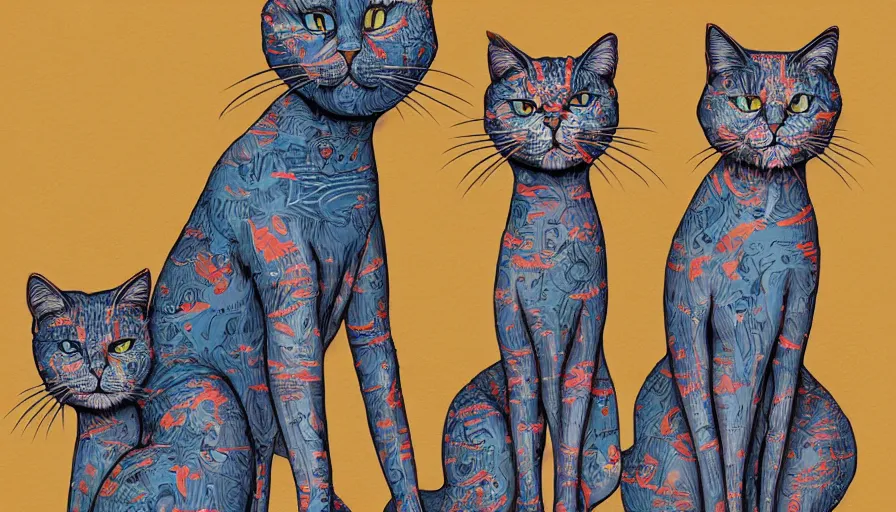 Image similar to artwork of really tall sitting cats by james jean, thick brush, 4 k resolution