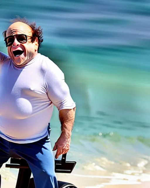 Image similar to Danny Devito as Gob in Arrested Development, riding on a Segway on the beach