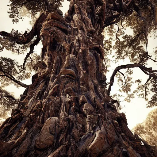 Prompt: giant throne of treebark, wide angel shot from below, legendary, shadows, insane detailed, epic, movie poster, photorealistic, 8k, octane render -ar 16:9 H 1024