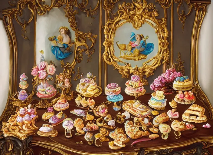 Prompt: baroque rococo painting Royal Fancy Pastry Table Hildebrandt Lisa Frank high detail cute adorable whimsical cookies cakes petit fours columns