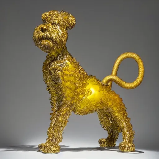 Prompt: wheaten terrier sculpture. By dale chihuly