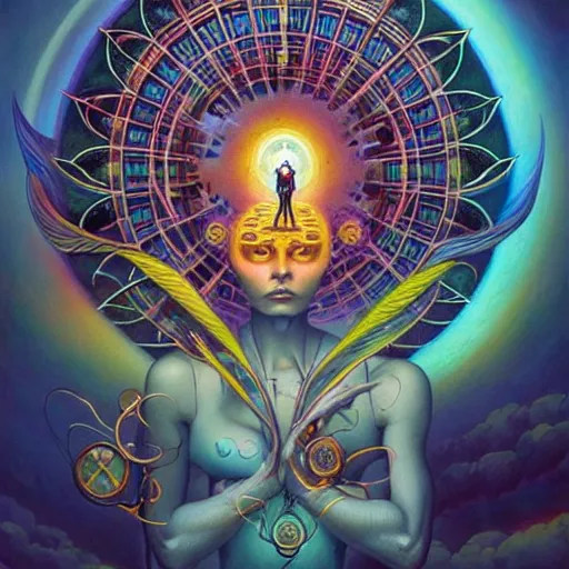 Image similar to psychedelic dmt artwork of esao andrews, frank peter mohrbacher, energy body, sacred geometry, esoteric art, divinity, detailed, tarot art