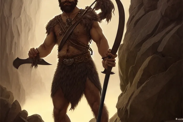 Image similar to full body portrait of a gruff ranger with a spear, lean and toned, handsome face, hairy chest and hairy body, D&D, intricate, elegant, highly detailed, digital painting, artstation, concept art, matte, sharp focus, chiaroscuro, well list, illustration, art by Artgerm and Greg Rutkowski and Alphonse Mucha