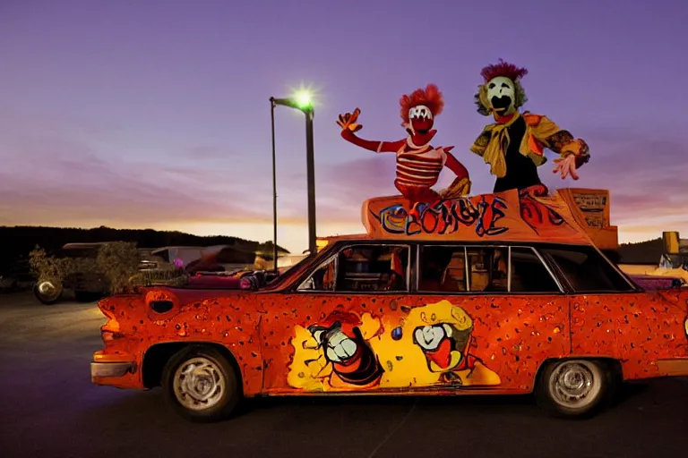 Image similar to 2 0 clowns leaving a clowncar at a california drive in, in 2 0 1 2, cutecore clowncore, bathed in the the glow of the sunset, low - light photograph, in style of henry selick