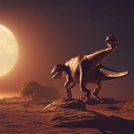 Image similar to real vintage photo, an astronaut riding on a dinosaur, detailed, hyper realistic, 4 k octan render, unreal 5