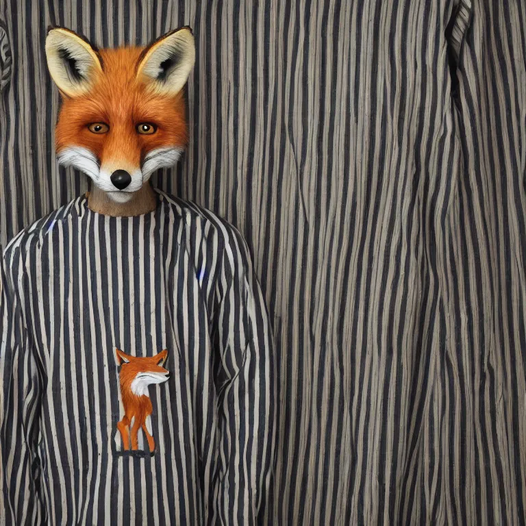 Image similar to fox headed man wearing striped prison clothing, colorized jail mugshot