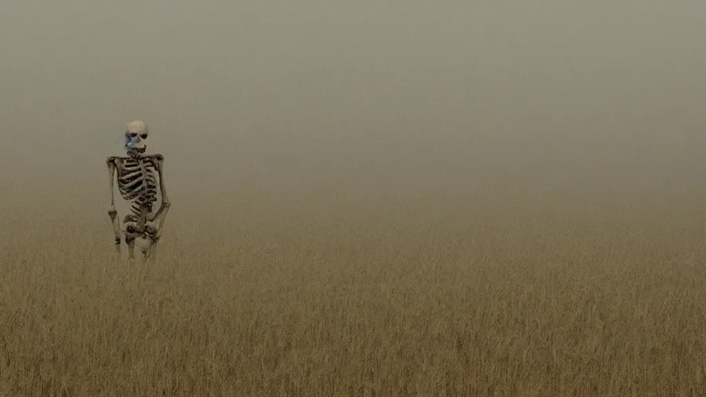 Prompt: a skeleton standing in a stomry, foggy wheat field, in the style of andrew wyeth, fine details