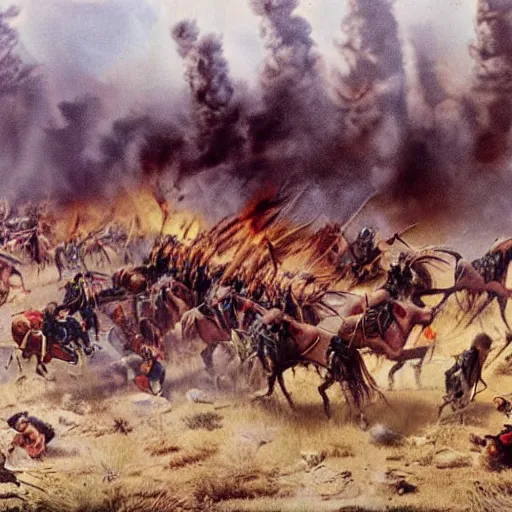 Prompt: hyper ultra 4 k photo sioux indians attacking wagon train