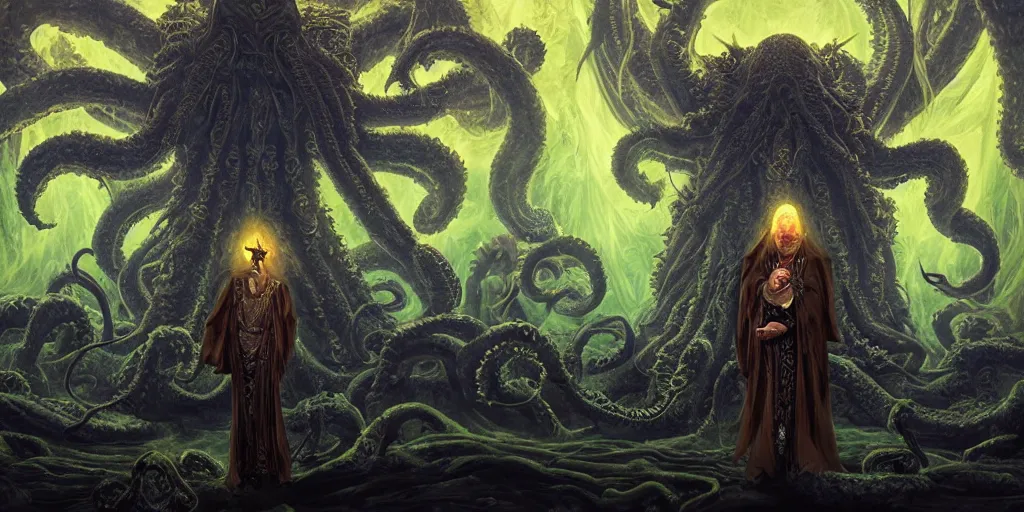 Prompt: portrait of necromancer priest in an invoking ritual in front of a giant cthulhu in a large landscape, intricate, elegant, glowing lights, highly detailed, digital painting, concept art, smooth, sharp focus, illustration, wide - angle portrait, atmospheric lighting, rich deep colors masterpiece, fractal crystals