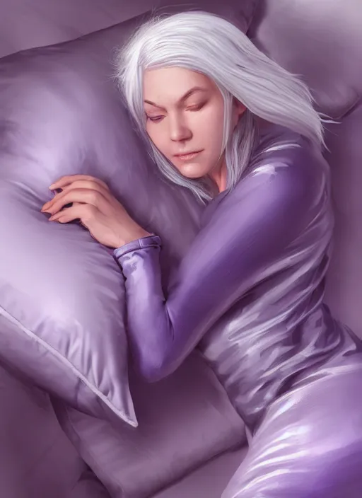 Image similar to a highly detailed illustration of beautiful silver haired woman wearing purple onesie floating on pillow, dramatic floating pose, sleepy expression, intricate, elegant, highly detailed, centered, digital painting, artstation, concept art, smooth, sharp focus, league of legends concept art, wlop