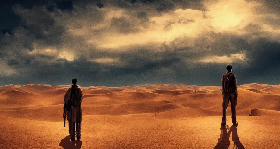 Image similar to a man in the desert staring at the sky, cinematic composition, dark color scheme, artstation