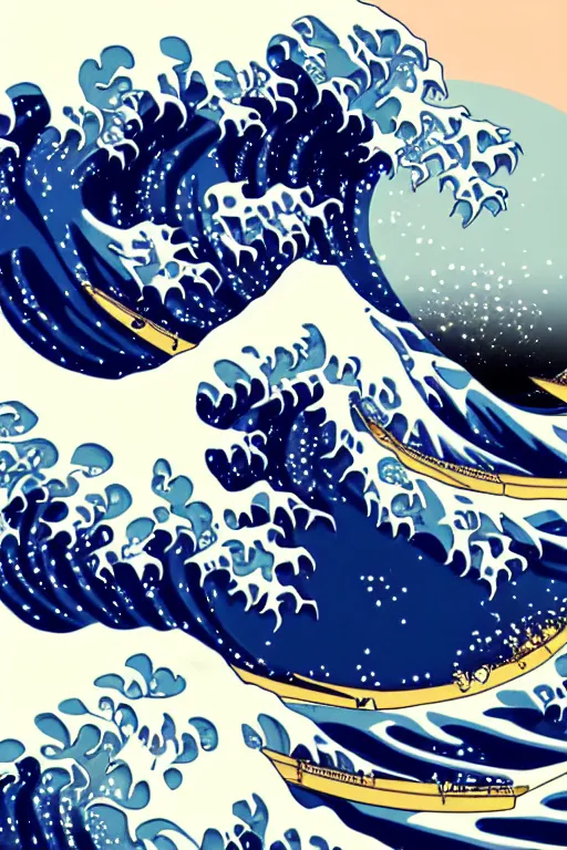 Image similar to The Great Wave off Kanagawa, highly detailed, digital painting, artstation, concept art, smooth, sharp focus, illustration, art by Patrick Nagel and Shepard Fairey