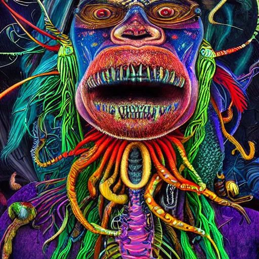 Image similar to a high detailed hyper detailed painting of a spiritual monster with dreadlocks and several eyes, pointy teeth and colorful skin with scales and strange textures, surreal psychedelic cosmic horror - 7 6 8