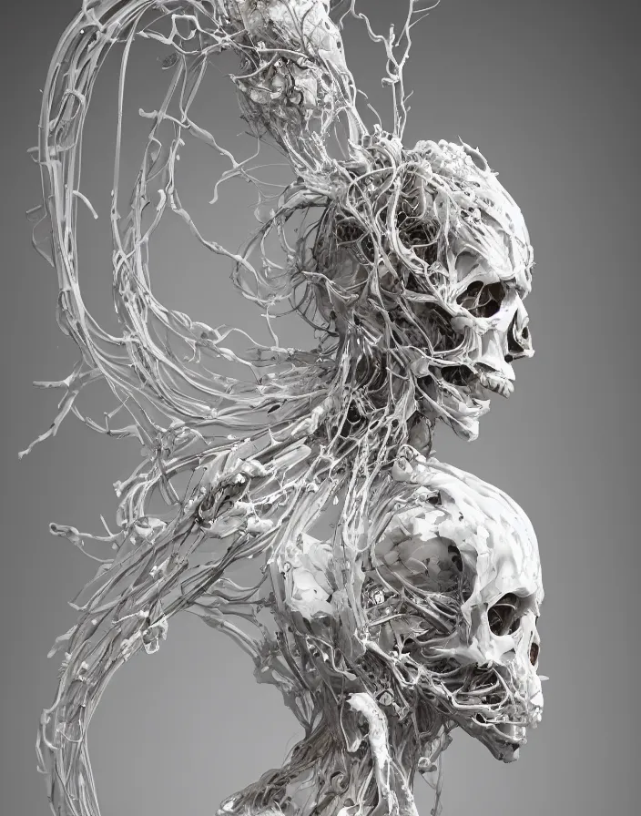 Prompt: biomechanical dressin the form of a wax liquid sculpture full lenght view, stands on rock . beautiful woman wearing a helmet. white plastic. baroque elements, human skull, jellyfish, butterfly, phoenix head. burning wax, swollen muscles, tumors, veins, tendons, wires. intricate drawings of caravaggio. halo. octane rendering, cinematic, hyperrealism, octane rendering, 8k, depth of field, bokeh. iridescent accents. vibrant. teal gold and red color scheme