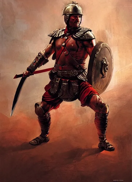 Image similar to muscular roman soldier with sword by simon bisley and greg rutkowski, full body red plate armor! dynamic battle pose, vivid color scheme