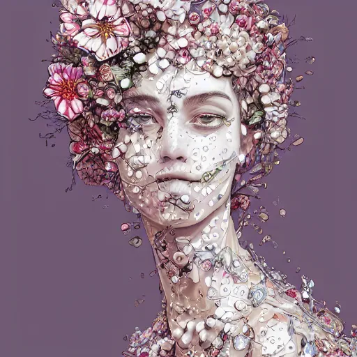 Image similar to the portrait of an absurdly beautiful, graceful, elegant, sophisticated, fashionable young woman made of strawberries and white petals with tears, an ultrafine hyperdetailed illustration by kim jung gi, irakli nadar, intricate linework, bright colors, octopath traveler, final fantasy, unreal engine 5 highly rendered, global illumination, radiant light, detailed and intricate environment