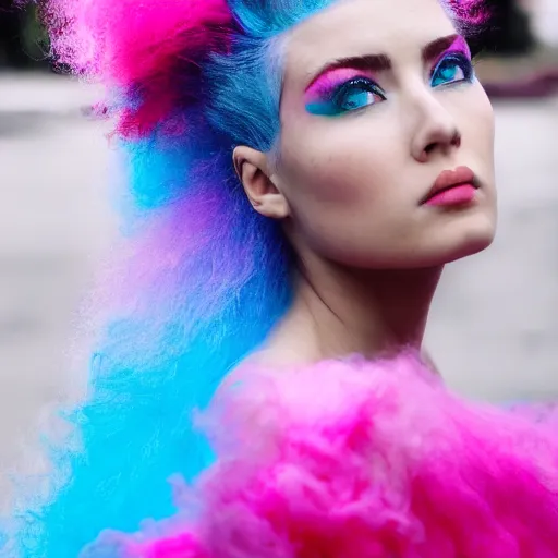 Image similar to a dramatic photo of a beautiful woman with cotton candy hair. with a little bit of cyan and pink