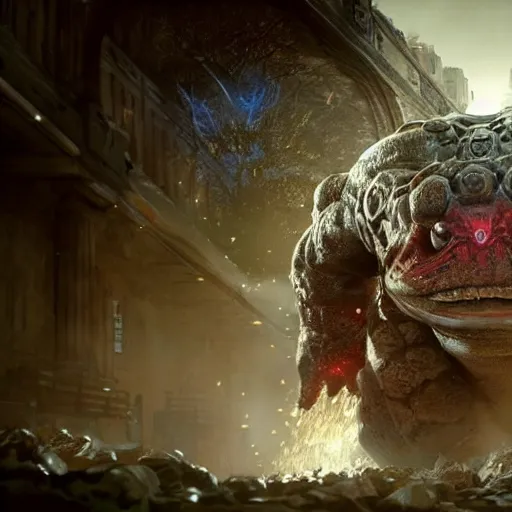 Image similar to Venusaur in gears of war, splash art, movie still, detailed face, photorealistic facial features, cinematic lighting, dramatic, octane render, long lens, shallow depth of field, bokeh, anamorphic lens flare, 8k, hyper detailed, 35mm film grain