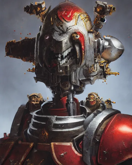 Image similar to hyper realistic portrait of heroic warhammer 4 0 k android head, cinematic, chaos marine, khorne, full head and shoulders, muppet, greg rutkowski, redshift, vray, octane