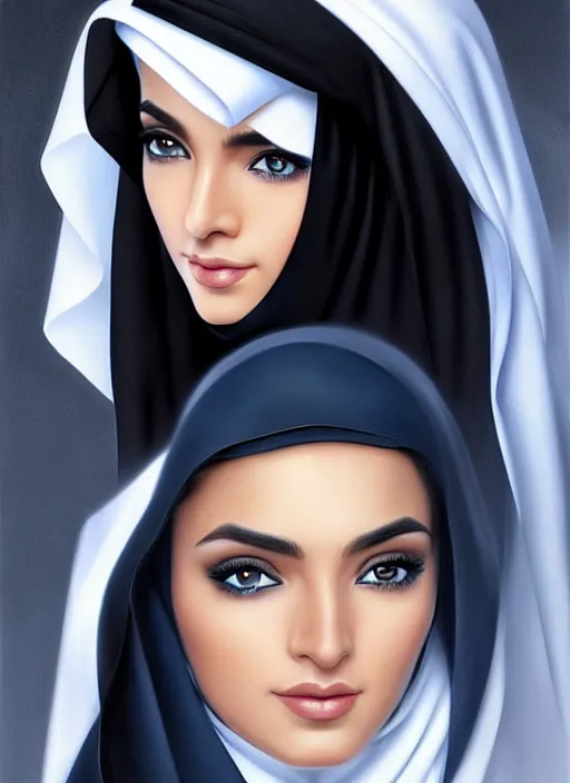 Image similar to arab female ameera al taweel, blue eyes, black hair, white veil, in the style of stefan kostic, realistic, sharp focus, 8k high definition, insanely detailed, intricate, elegant, art by stanley lau and artgerm