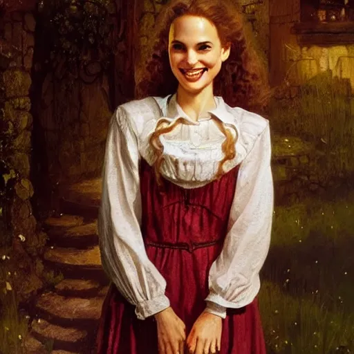 Prompt: young, curly haired, redhead Natalie Portman as a optimistic!, cheerful, giddy medieval innkeeper. dark shadows, colorful, candle light, law contrasts, fantasy concept art by Jakub Rozalski, Jan Matejko, and J.Dickenson